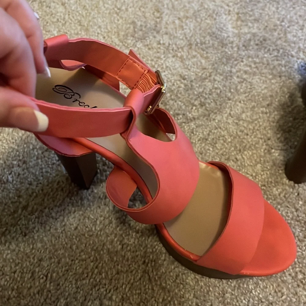 Coral strapy sandals wooden platform ankle straps block heel high s 10